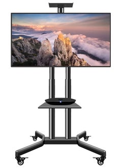 حامل تلفزيون متحرك بعجلات دوارة لشاشات LCD وLED والمنحنية المسطحة مقاس 32-70 بوصة، بارتفاع قابل للتعديل، وقابل للإمالة، يتحمل حتى 50 كجم مع رف وسائط