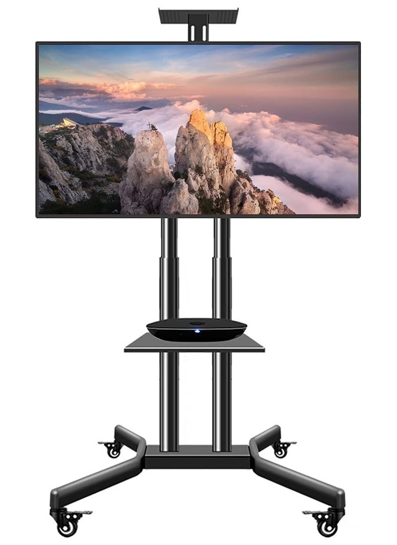 ماركة غير محددة - حامل تلفزيون متحرك بعجلات دوارة لشاشات LCD وLED والمنحنية المسطحة مقاس 32-70 بوصة، بارتفاع قابل للتعديل، وقابل للإمالة، يتحمل حتى 50 كجم مع رف وسائط - Image 1