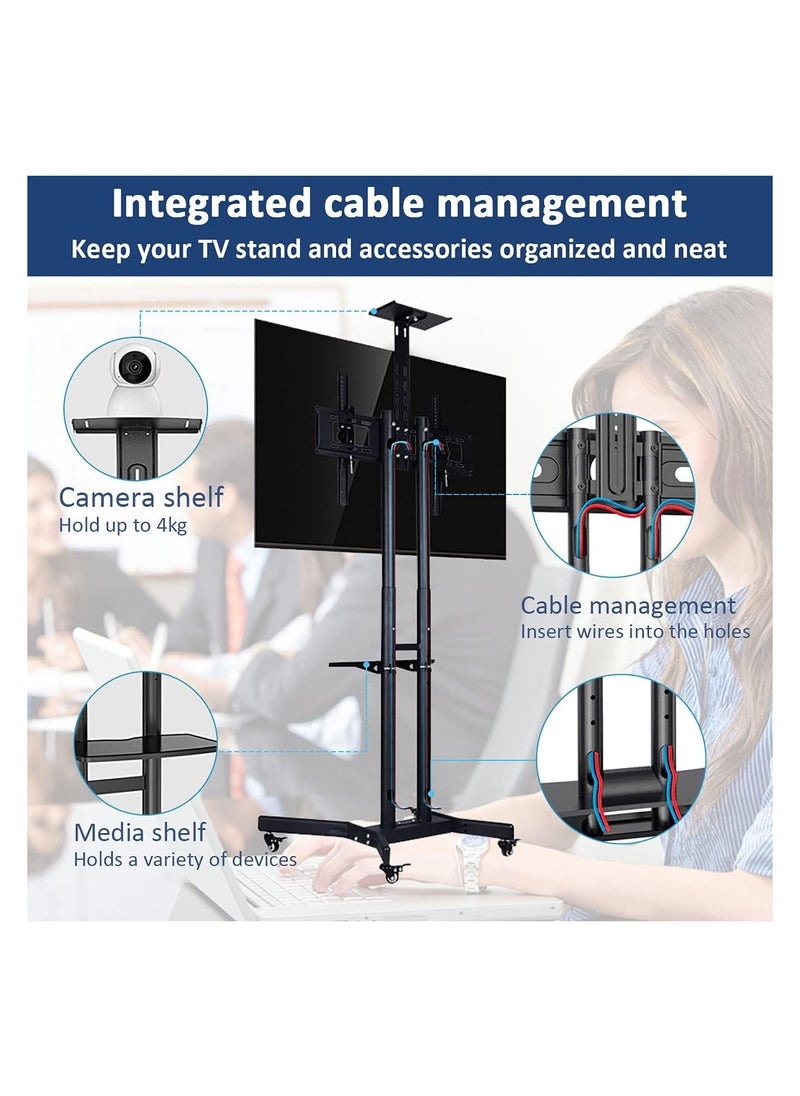 ماركة غير محددة - حامل تلفزيون متحرك بعجلات دوارة لشاشات LCD وLED والمنحنية المسطحة مقاس 32-70 بوصة، بارتفاع قابل للتعديل، وقابل للإمالة، يتحمل حتى 50 كجم مع رف وسائط - Image 1
