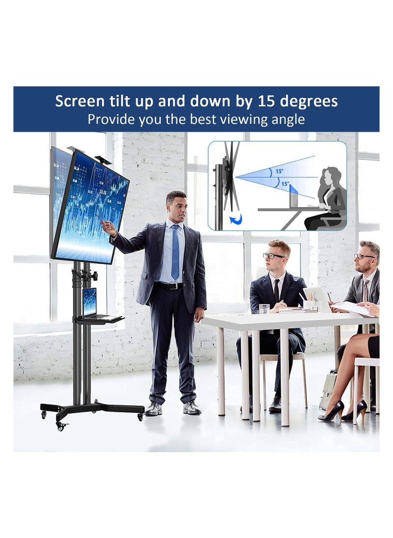 ماركة غير محددة - حامل تلفزيون متحرك بعجلات دوارة لشاشات LCD وLED والمنحنية المسطحة مقاس 32-70 بوصة، بارتفاع قابل للتعديل، وقابل للإمالة، يتحمل حتى 50 كجم مع رف وسائط - Image 1