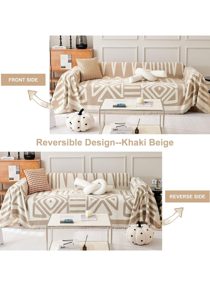 أوزيغالور غطاء أريكة ناعم مع شرابات | غطاء أريكة متعدد الأغراض قابل للتمدد، بطانية وشال | غطاء زخرفي صالح لجميع الفصول (بيجي-أبيض، 230x180 سم) - Image 2