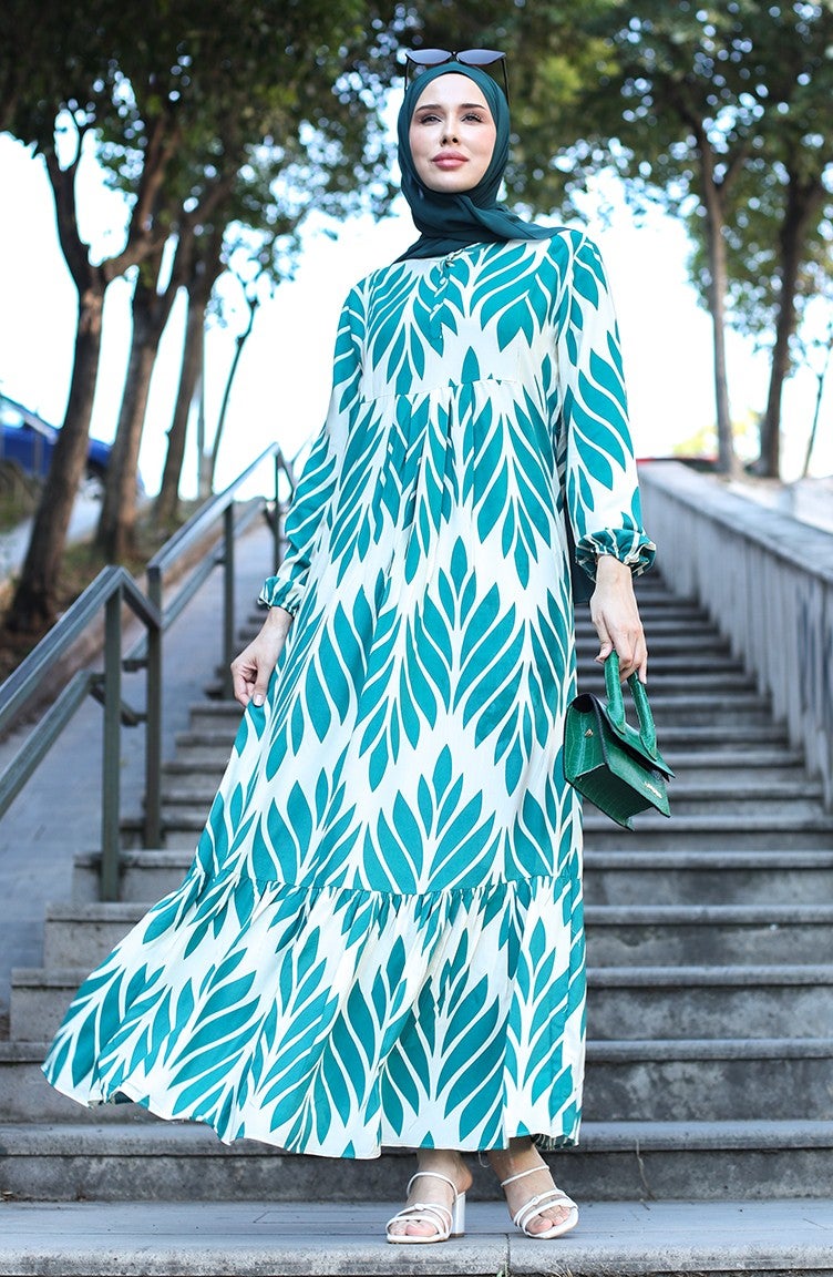 Sefa Merve Patterned Viscose Dress 81880-01 Green  - Image 1
