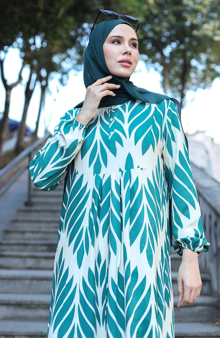 Sefa Merve Patterned Viscose Dress 81880-01 Green  - Image 4