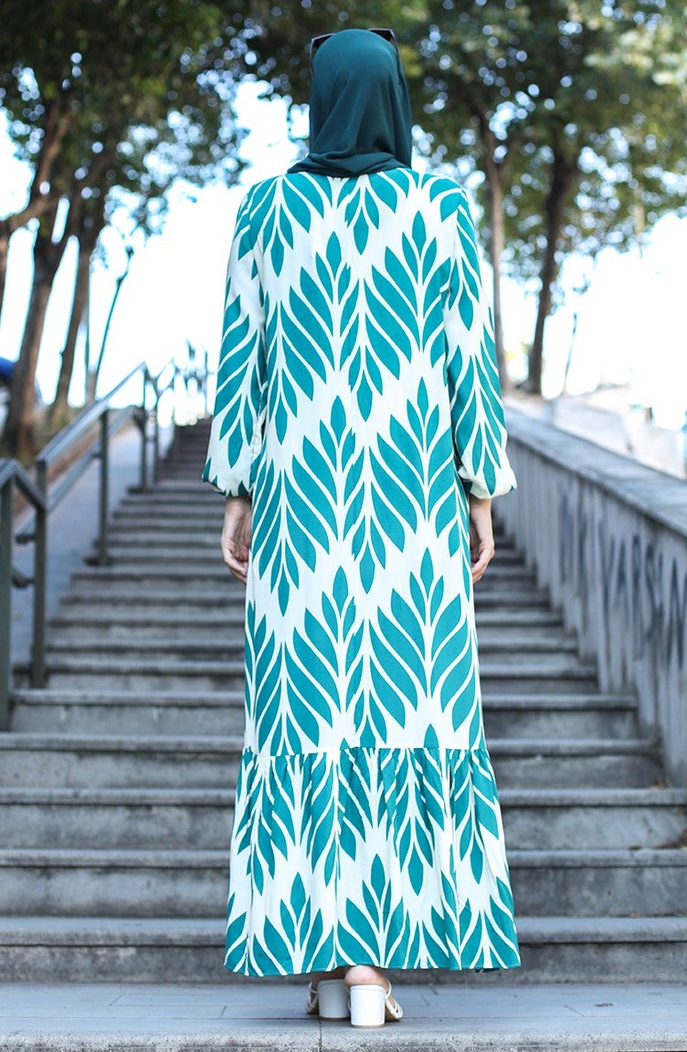 Sefa Merve Patterned Viscose Dress 81880-01 Green  - Image 5