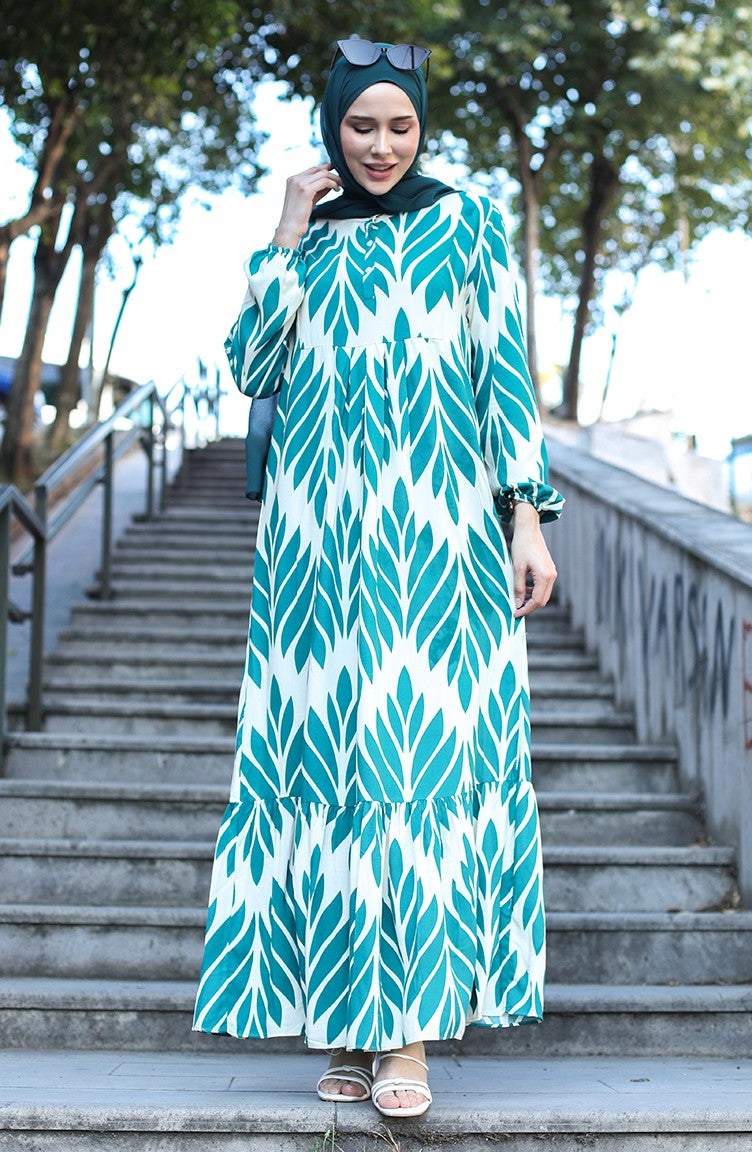 Sefa Merve Patterned Viscose Dress 81880-01 Green  - Image 2