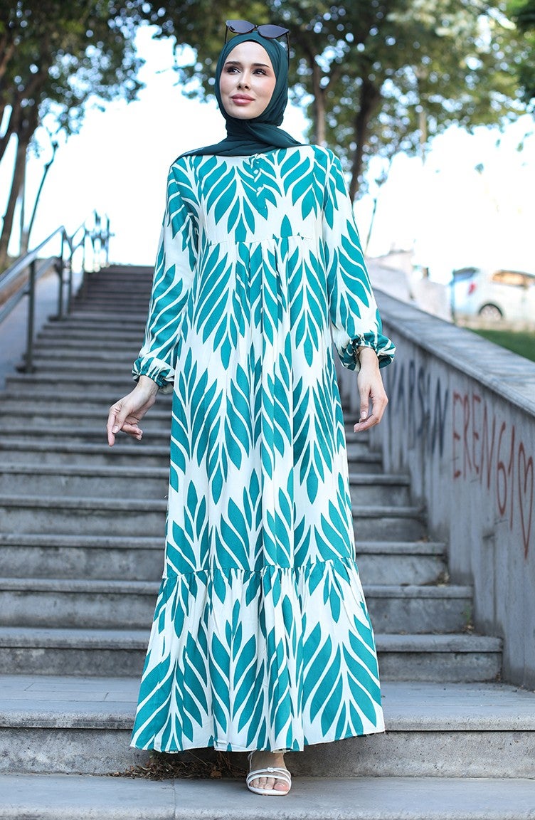 Sefa Merve Patterned Viscose Dress 81880-01 Green  - Image 3
