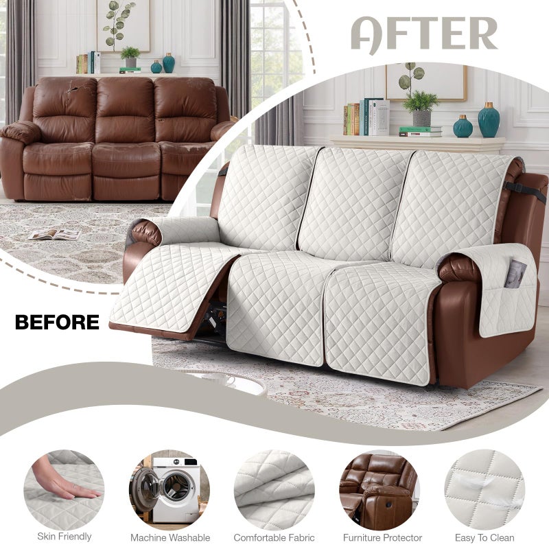KinCam 100% Waterproof Recliner Sofa Covers, Non-Slip Reclining Couch Covers for 3 Seat, Recliner Couch Cover Furniture Protector with Elastic Straps for Pets, Kids, Beige White - Image 5