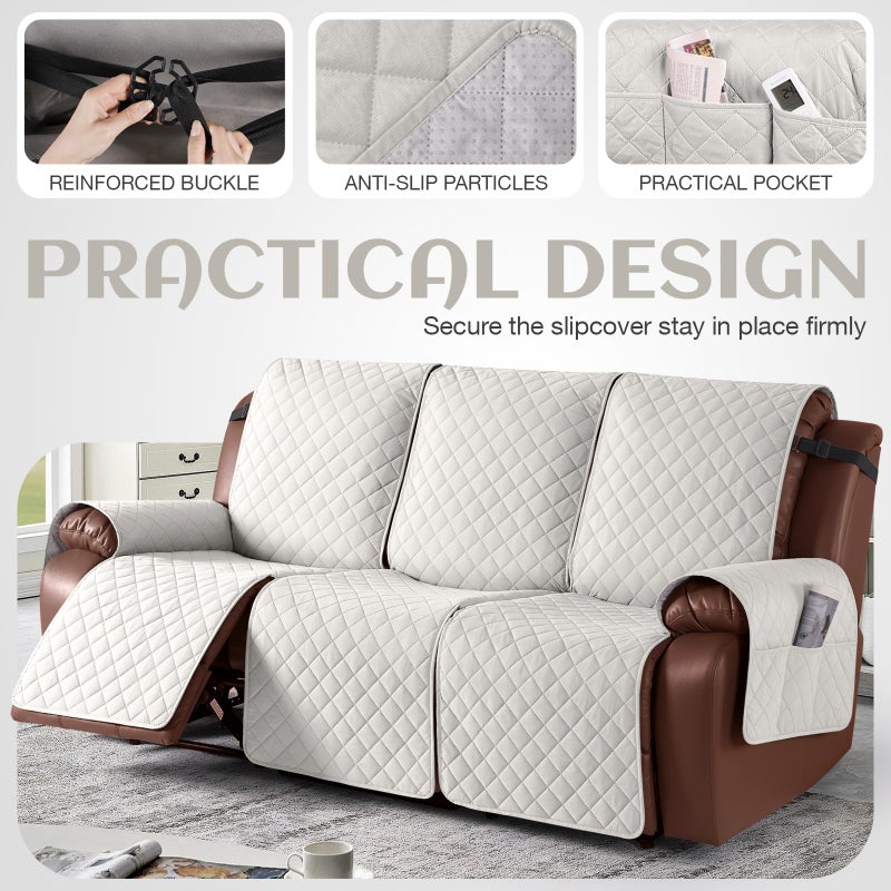 KinCam 100% Waterproof Recliner Sofa Covers, Non-Slip Reclining Couch Covers for 3 Seat, Recliner Couch Cover Furniture Protector with Elastic Straps for Pets, Kids, Beige White - Image 4