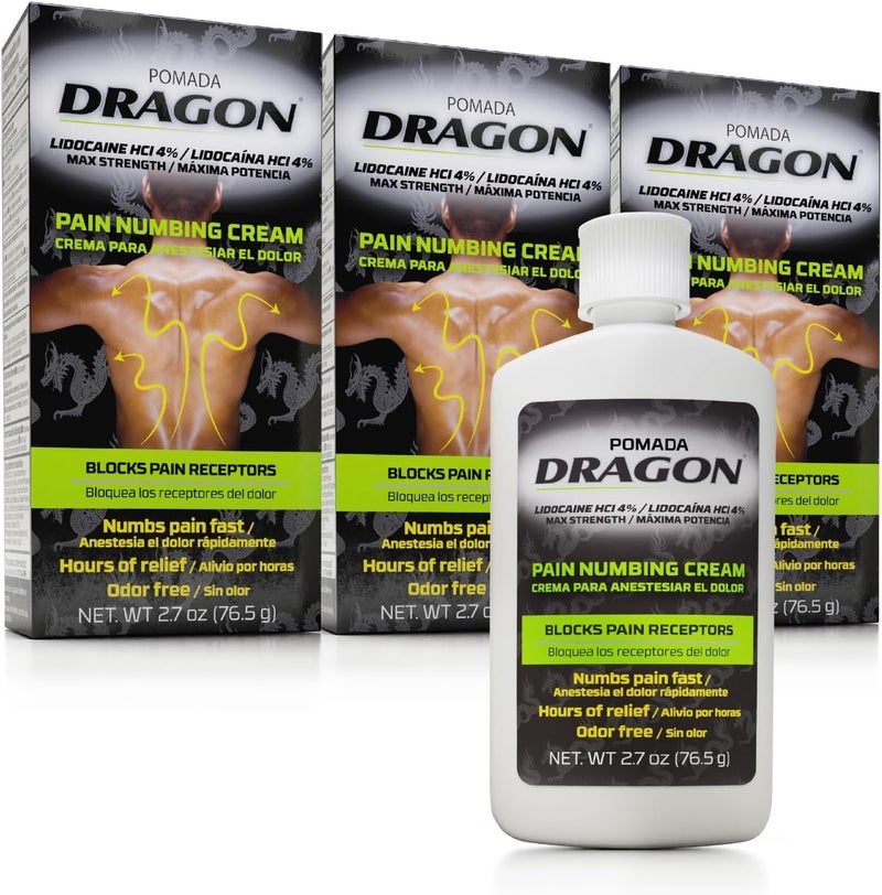 Dragon كريم تخدير التنين ليدوكائين 4 أقصى قوة كريم تخدير موضعي مسكن للألم مع ليدوكائين لتخفيف آلام العضلات كريم للركب والقدمين 27 أونصة 3 عبوات - Image 1