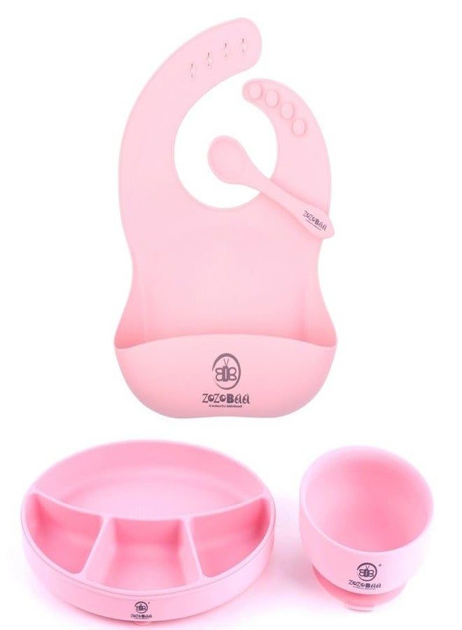 ZoZoBaa Silicone Feeding Set Including Bib, Spoon, Suction Base Oval Plate, Suction Base Bowl, | First Stage Feeding Set for BLW Training |BPA Free, Food Grade, Pack of 4, [Pink] - Image 1
