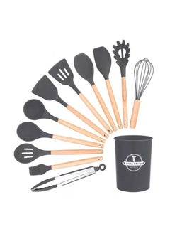 RAQTA 11-Piece Cooking Utensils Set with Wooden Handles & Metal Container – Heat-Resistant Silicone Kitchen Tools for Nonstick Cookware – Black  - Image 1