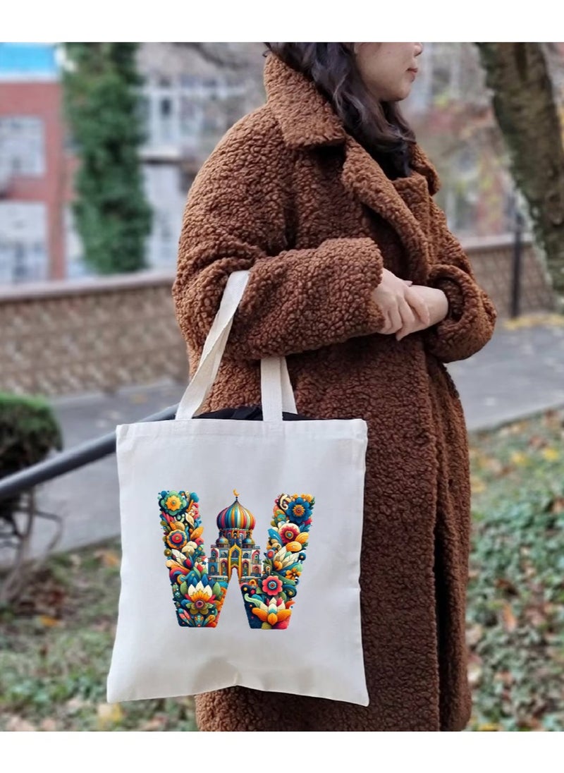 PRINTSHOP4ME Initial Monogram Tote Bag - Cotton Tote with Initial Design Printed - Perfect for School, Travel and Birthday Gift - Eco-Friendly Canvas Cotton Tote Bag for Women - Gift for Ramadan  - Image 5