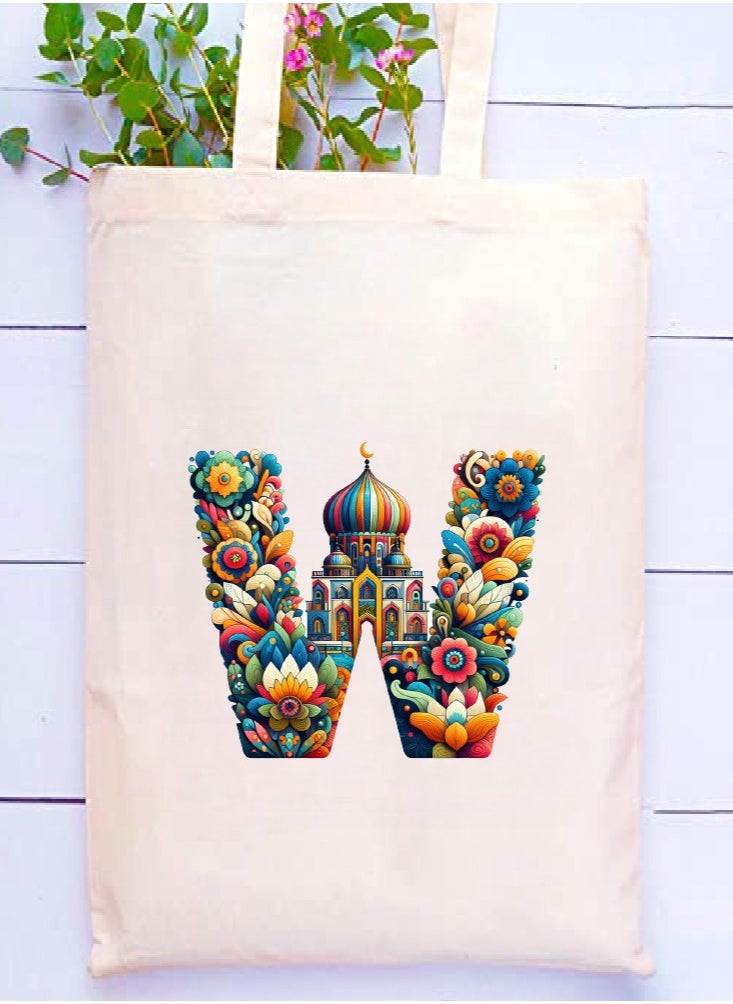 PRINTSHOP4ME Initial Monogram Tote Bag - Cotton Tote with Initial Design Printed - Perfect for School, Travel and Birthday Gift - Eco-Friendly Canvas Cotton Tote Bag for Women - Gift for Ramadan  - Image 2