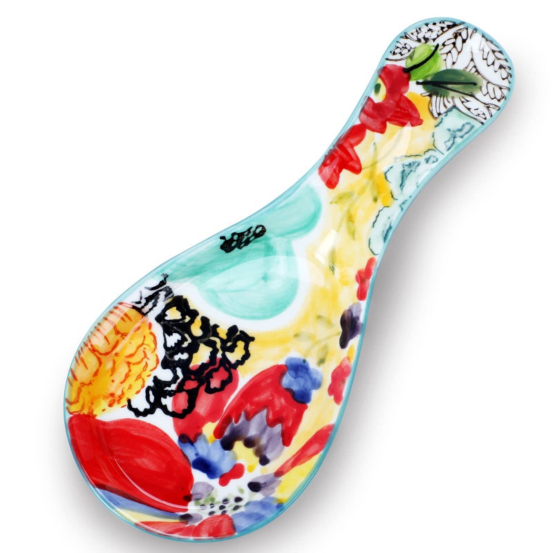 Colorful Hand Painted Spoon Rest Ceramic Large Spoon Holder for Kitchen Counter Stove Top Dishwasher Safe Multicolor 1 Pack