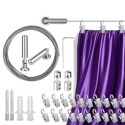 UrbanRed Stainless Steel 16.4 FT (5m) Curtain Wire Rod Set with 24 Clips – Hanging System for Versatile Art Display, Photo Hanging – Wall Mount Clothesline with Tension Wire Design - Image 1