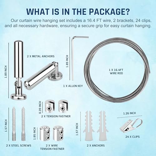 UrbanRed Stainless Steel 16.4 FT (5m) Curtain Wire Rod Set with 24 Clips – Hanging System for Versatile Art Display, Photo Hanging – Wall Mount Clothesline with Tension Wire Design - Image 2