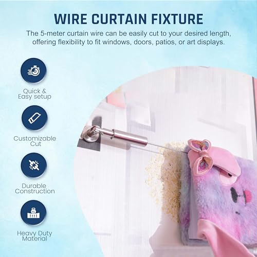UrbanRed Stainless Steel 16.4 FT (5m) Curtain Wire Rod Set with 24 Clips – Hanging System for Versatile Art Display, Photo Hanging – Wall Mount Clothesline with Tension Wire Design - Image 5
