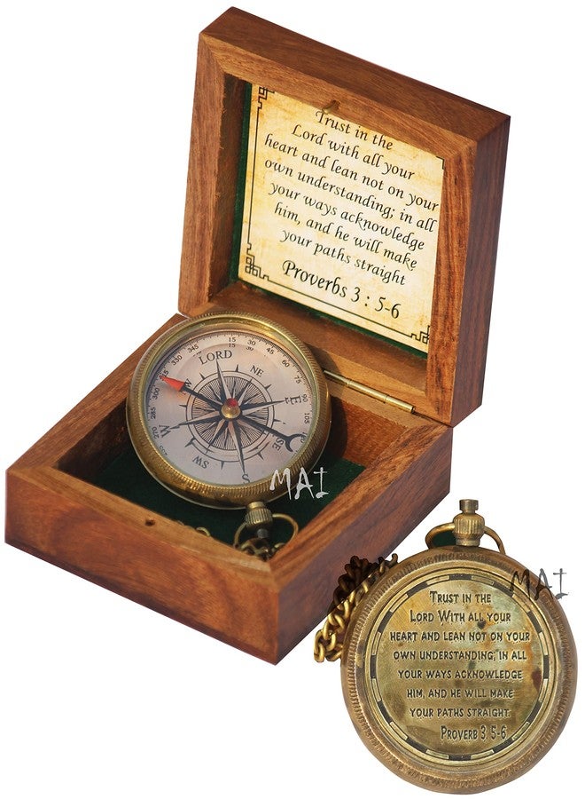 Mai Trust in The Lord With All Your Heart - Proverbs 3:5-6 Quote Engraved Compass with Wooden Box, Graduation Day Religious Gifts for Men Women Girls Boys (♱1 Trust in The Lord Compass -Proverbs 3: 5-6 ♱) - Image 1