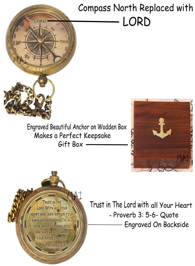 Mai Trust in The Lord With All Your Heart - Proverbs 3:5-6 Quote Engraved Compass with Wooden Box, Graduation Day Religious Gifts for Men Women Girls Boys (♱1 Trust in The Lord Compass -Proverbs 3: 5-6 ♱) - Image 2