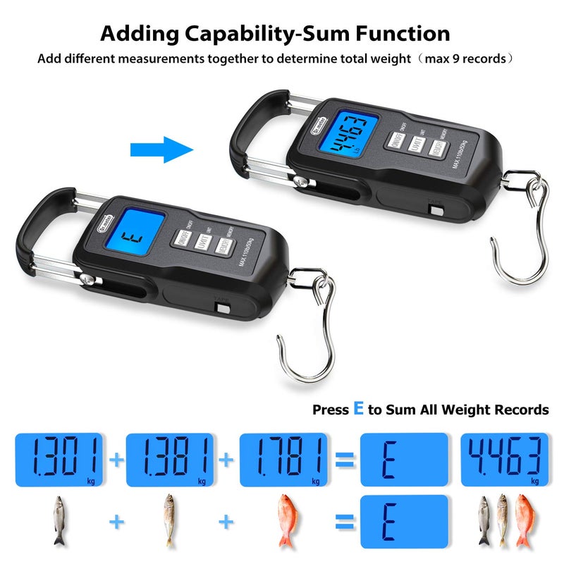 Dr.Meter Fish Scale Backlit LCD Display FS01: 110lb/ 50kg Digital Luggage Scale with Storage Function Numerical Comparison, Built-in Measuring Tape, Batteries Included - Fishing Gifts for Men - Image 4