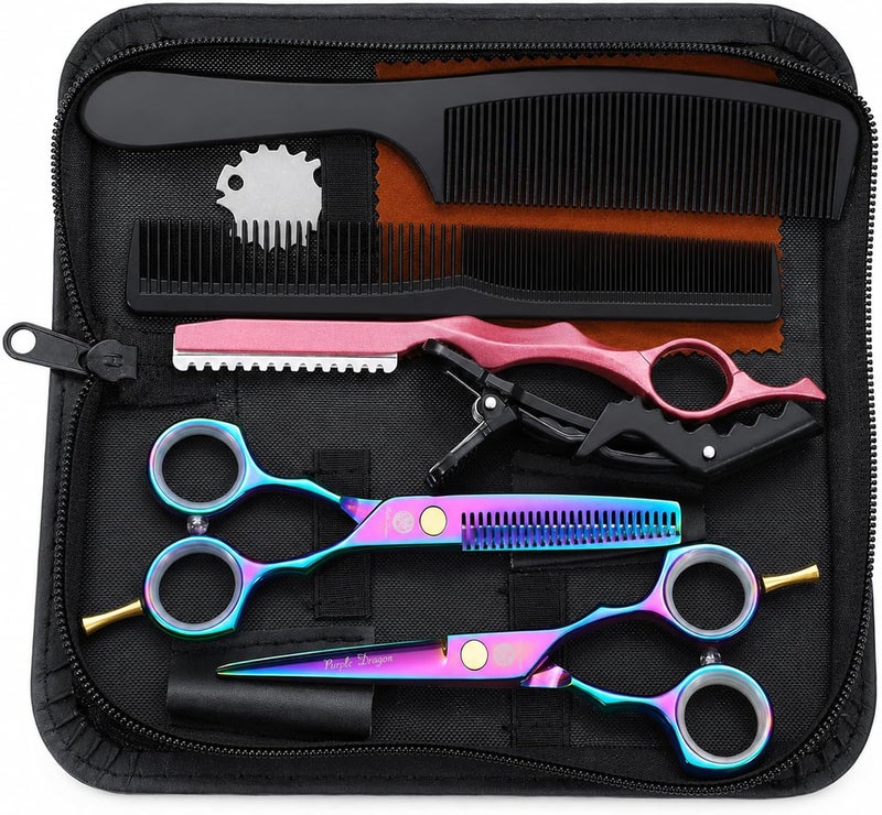 Purple Dragon 5.5 inch Purple Hair Cutting Scissors Set with Razor, Leather Scissors Case, Barber Hair Cutting Shears Hair Thinning/Texturizing Shears for Professional Hairdresser or Home Use (Multi-colored) - Image 1