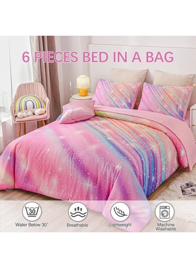 Btargot Super Soft 6 Pieces Gradient Star Ring Comforter Set, Colorful Glitter Rainbow Star Pattern Bedding Set for Boys Girls Teens  - Image 3