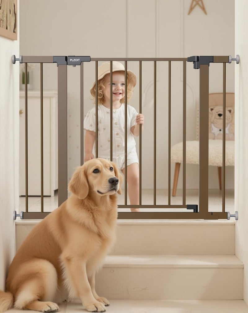 PLZOIT 29.5-40.5" Baby Gate for Stairs, Dog Gate for Doorways, Walk Thru Auto Close Metal Baby Safety Gate for The House, Stairs and Doorways, Child Gate Pressure Mounted, Pet Gate for Dog Indoor - Brown - Image 1