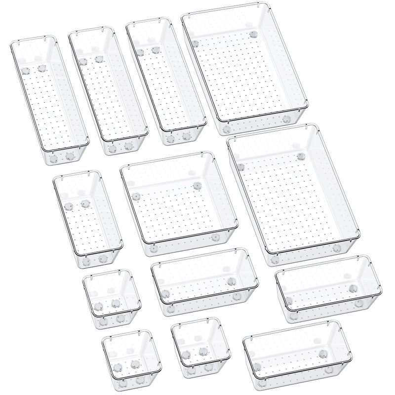 SMARTAKE 13Piece Drawer Organizers with NonSlip Silicone Pads 5Size Desk Bathroom Drawer Organizer Trays Storage Tray for Makeup Jewelries Utensils in Bedroom Dresser Office and Kitchen Clear