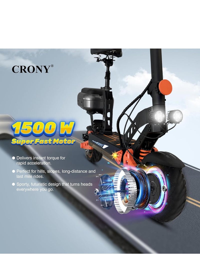 Crony D2 PRO Max Speed 70KM/H E-Scooter,1500W Brushless Motor 48V 15Ah Battery, Long Range 20-40KM, Foldable Off-Road Electric Scooter for Adults, Dual Suspension, Front Disc & Rear Power-Off Brake, Aluminum Frame, Portable Heavy-Duty Commuter Scooter, All-Terrain, LED Headlights, 120KG Load, Urban Mobility, Durable Senior & adults Electric Skateboard Scooter With Seat - Image 5