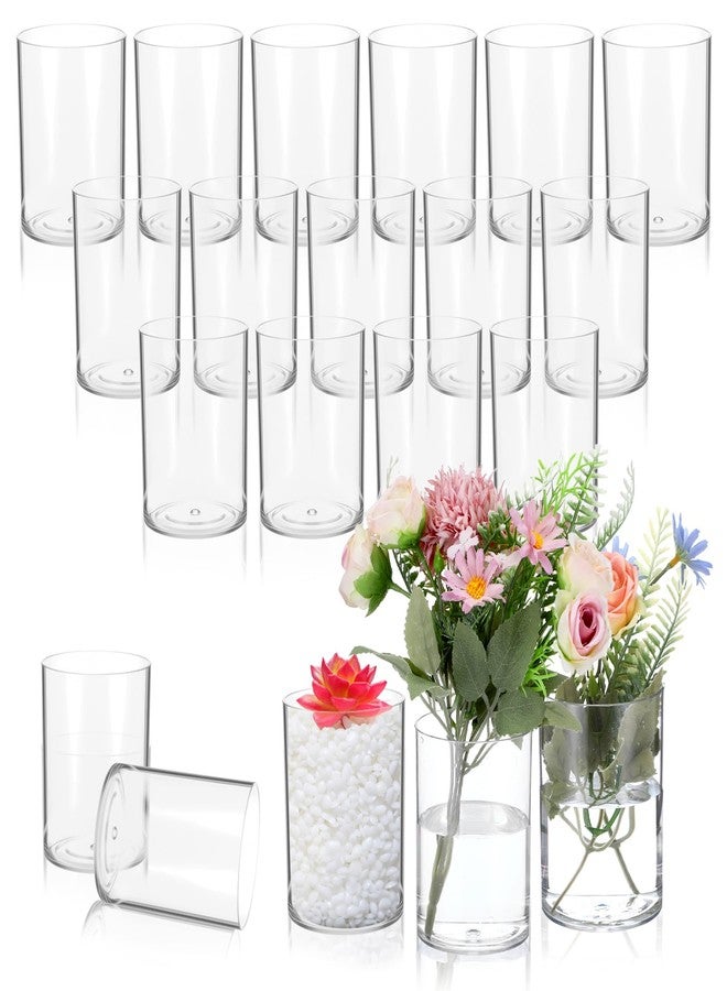 Yolev 20 Pcs Plastic Cylinder Vase Bulk for Flowers Centerpieces, Small Clear Flower Hurricane Candle Holder Round Wide Container, Acrylic Flower Vase Bulk for Wedding Party Office Decorations - Image 1