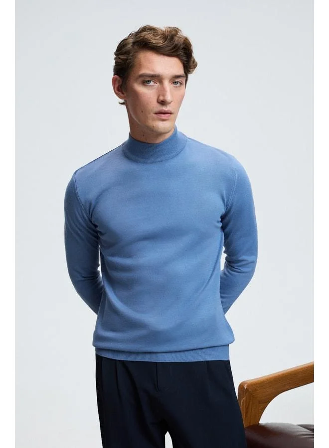 GRIMELANGE REBEL Men's Half Fisherman's Collar Basic Slim Fit Knit Blue Sweater.