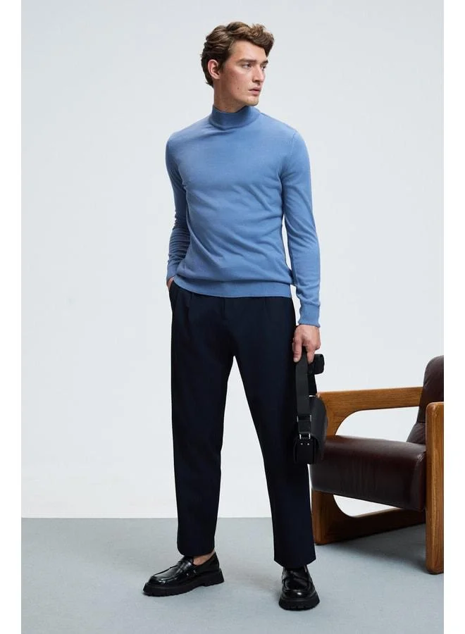 GRIMELANGE REBEL Men's Half Fisherman's Collar Basic Slim Fit Knit Blue Sweater.