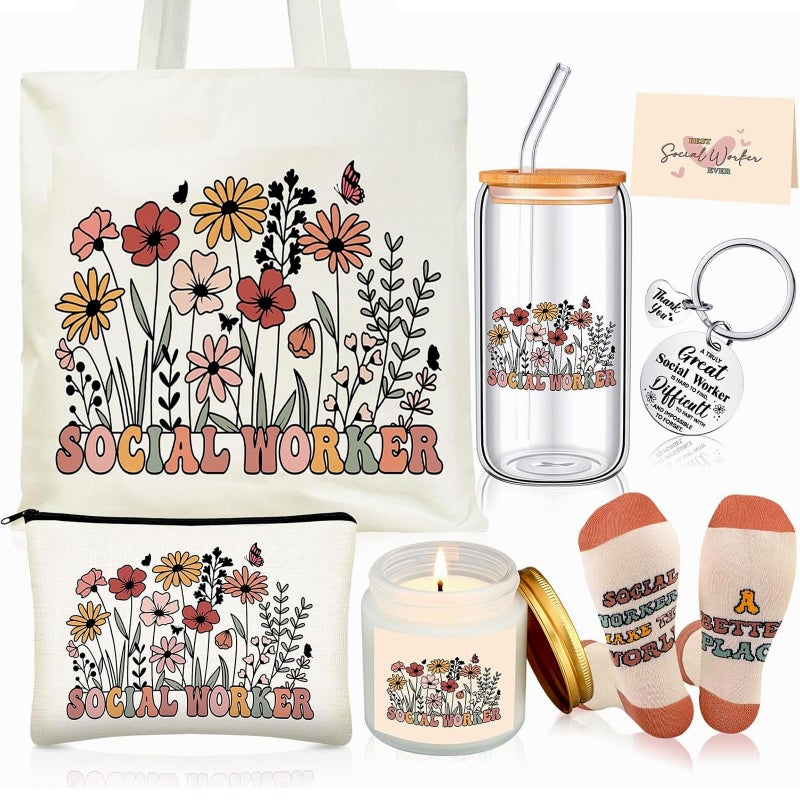 Funnymoom 6 Pcs Social Worker Gifts for Women School Social Worker Must Haves Appreciation Gifts for Housekeeping Volunteer with 17 Oz Glass Cup Canvas Tote Bag Key Chain - Image 2