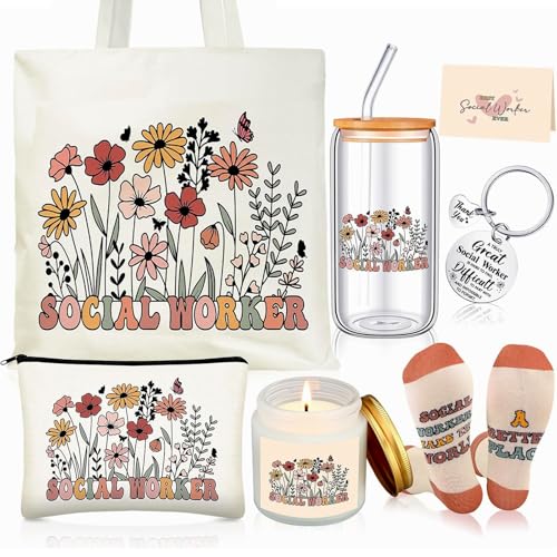 Funnymoom 6 Pcs Social Worker Gifts for Women School Social Worker Must Haves Appreciation Gifts for Housekeeping Volunteer with 17 Oz Glass Cup Canvas Tote Bag Key Chain - Image 1