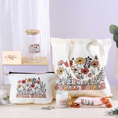 Funnymoom 6 Pcs Social Worker Gifts for Women School Social Worker Must Haves Appreciation Gifts for Housekeeping Volunteer with 17 Oz Glass Cup Canvas Tote Bag Key Chain - Image 3