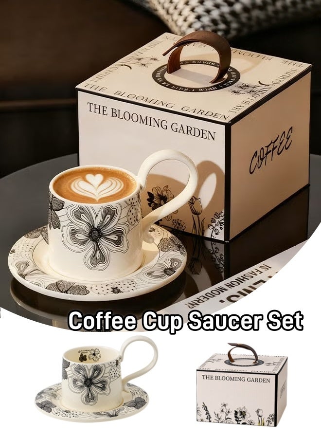 Ceramic Coffee Cup and Saucer Set, Vintage Floral Design Porcelain Coffee Cup and Saucer with Gift Box, Hand Crafted Flower Dessert Tableware Coffee Cup for Home Office,280 ML Capacity - Image 1