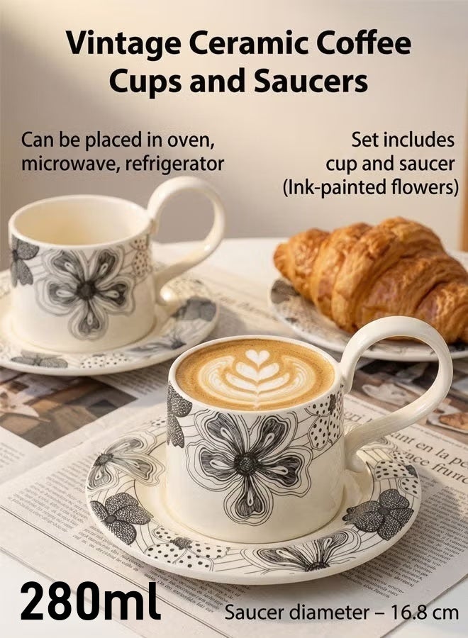 Ceramic Coffee Cup and Saucer Set, Vintage Floral Design Porcelain Coffee Cup and Saucer with Gift Box, Hand Crafted Flower Dessert Tableware Coffee Cup for Home Office,280 ML Capacity - Image 3