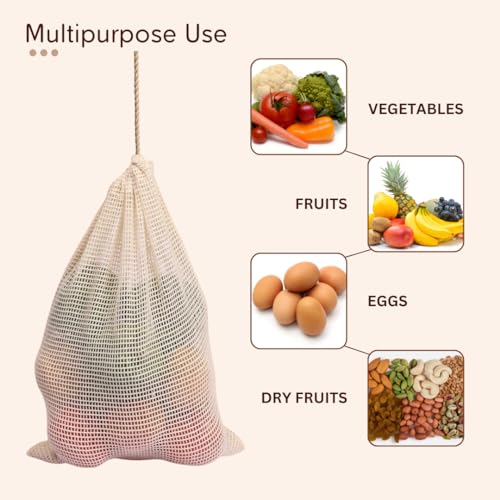 GREENTWISH 100% Cotton Vegetable Bags | Fridge Net Bag Eco-friendly Natural White Washable Reusable Drawstring Zip Bag For Food Storage | Multipurpose Kitchen Grocery Organizer (Pack of 9 Bags) - Image 4