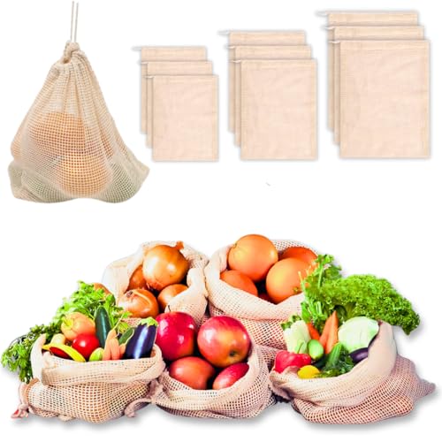 GREENTWISH 100% Cotton Vegetable Bags | Fridge Net Bag Eco-friendly Natural White Washable Reusable Drawstring Zip Bag For Food Storage | Multipurpose Kitchen Grocery Organizer (Pack of 9 Bags) - Image 1