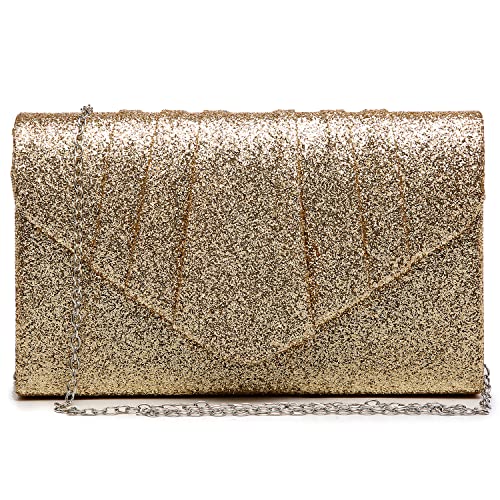 Dasein Women Glistening Evening Bags Pleated Clutch Handbags Wedding Purses Cocktail Prom Hand Pouch Gold - Image 1