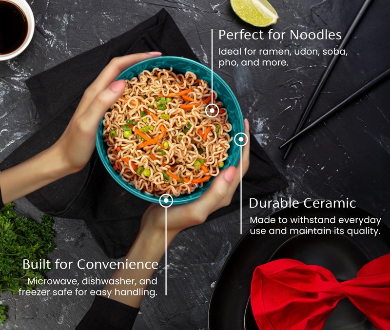 KooK Ramen Bowl, Japanese Bowls, Noodle Bowls, Large Soup Bowl, Ceramic, Large Capacity, For Ramen, Pho, Udon, Soba, Microwave and Dishwasher Safe, 34 oz, Set of 4 (Black/Teal) - Image 4