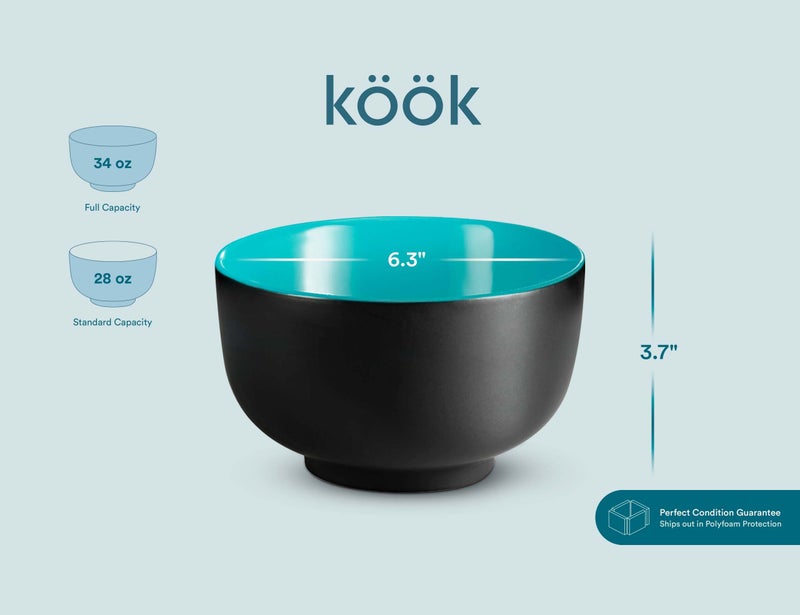 KooK Ramen Bowl, Japanese Bowls, Noodle Bowls, Large Soup Bowl, Ceramic, Large Capacity, For Ramen, Pho, Udon, Soba, Microwave and Dishwasher Safe, 34 oz, Set of 4 (Black/Teal) - Image 5