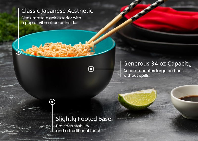 KooK Ramen Bowl, Japanese Bowls, Noodle Bowls, Large Soup Bowl, Ceramic, Large Capacity, For Ramen, Pho, Udon, Soba, Microwave and Dishwasher Safe, 34 oz, Set of 4 (Black/Teal) - Image 3