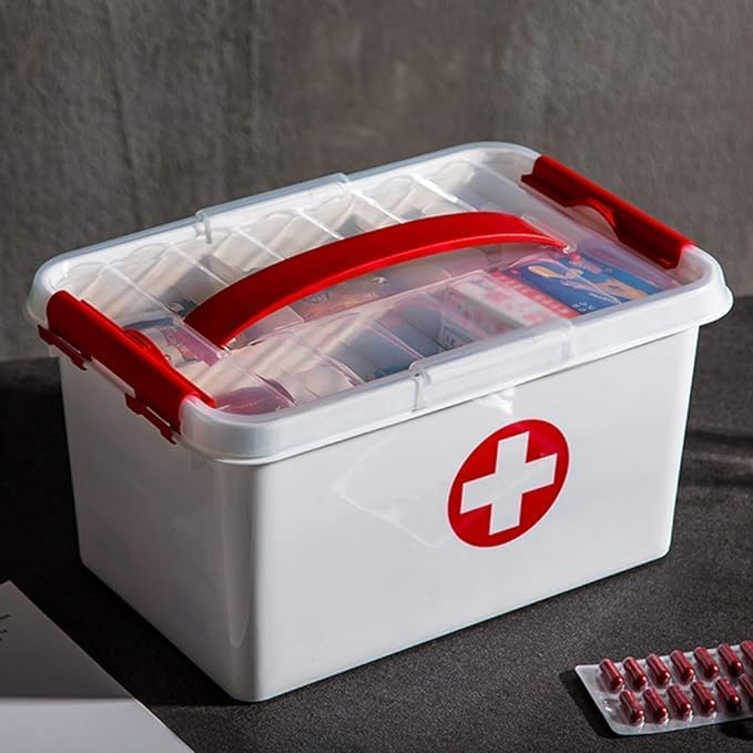 SWEEVAN Portable Double Layers Rectangular Medicine Cabinet Household First Aid Kit Medical Box Household Plastic Pill Storage Box with Detachable Tray and Handle - Image 2