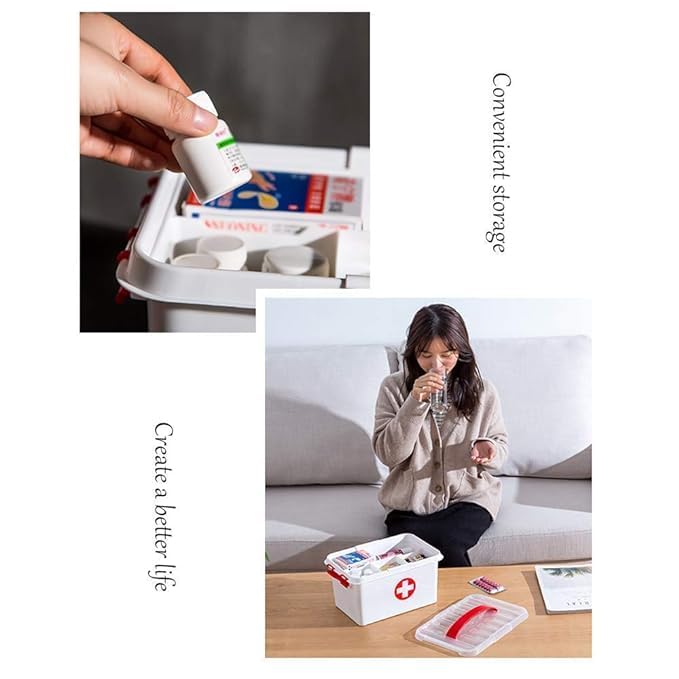 SWEEVAN Portable Double Layers Rectangular Medicine Cabinet Household First Aid Kit Medical Box Household Plastic Pill Storage Box with Detachable Tray and Handle - Image 5