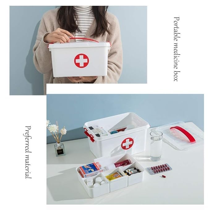 SWEEVAN Portable Double Layers Rectangular Medicine Cabinet Household First Aid Kit Medical Box Household Plastic Pill Storage Box with Detachable Tray and Handle - Image 3