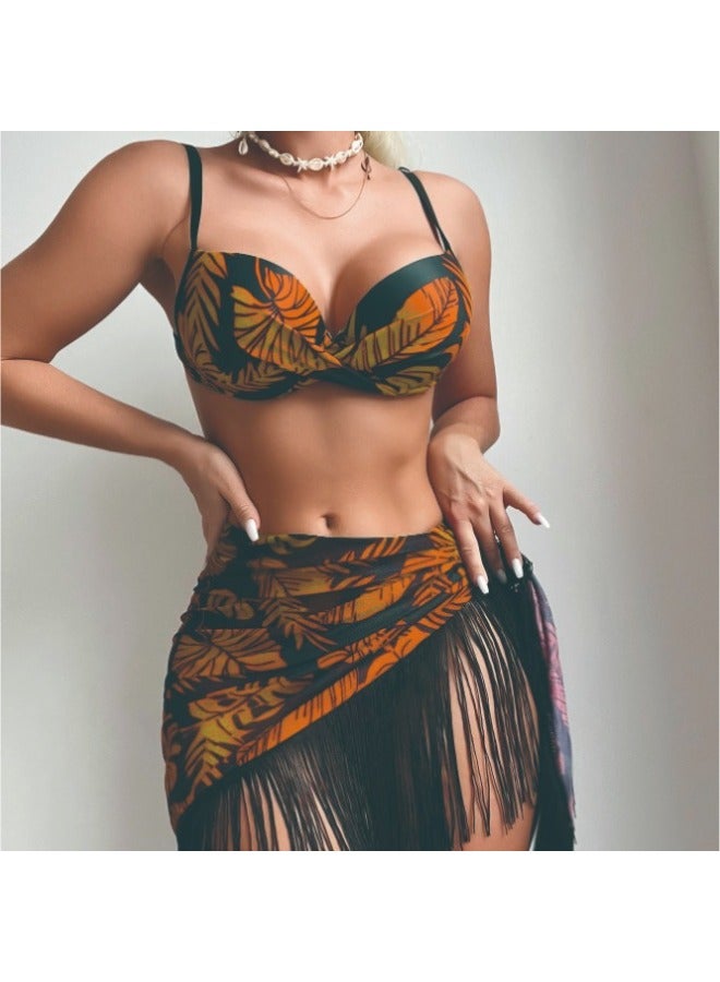 Generic Swimsuit Three-piece European And American Bikini Tassel Printing Bikini Manufacturers Wholesale-Color:okra Yellow-Size:L  - Image 2