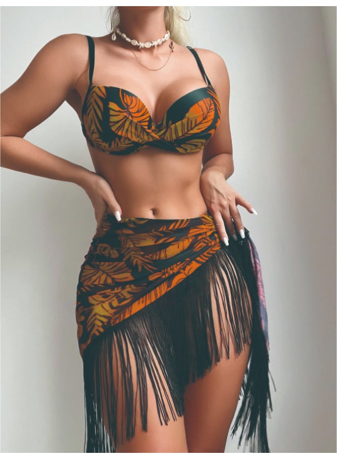 Generic Swimsuit Three-piece European And American Bikini Tassel Printing Bikini Manufacturers Wholesale-Color:okra Yellow-Size:L  - Image 1