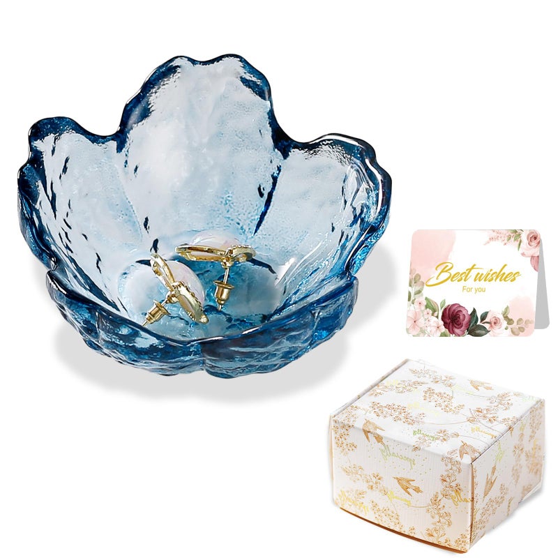 Binoster Blue Flower Glass Ring Dish Jewelry Tray Ring Holder Dish Cute Room Decor Vanity Organizer for Nightstand or Bathroom Aesthetic Trinket Dish Gift for Wife Mom Daughter - Image 1