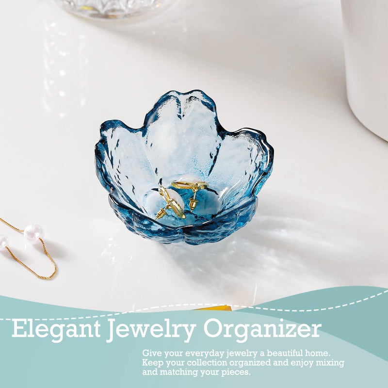 Binoster Blue Flower Glass Ring Dish Jewelry Tray Ring Holder Dish Cute Room Decor Vanity Organizer for Nightstand or Bathroom Aesthetic Trinket Dish Gift for Wife Mom Daughter - Image 3